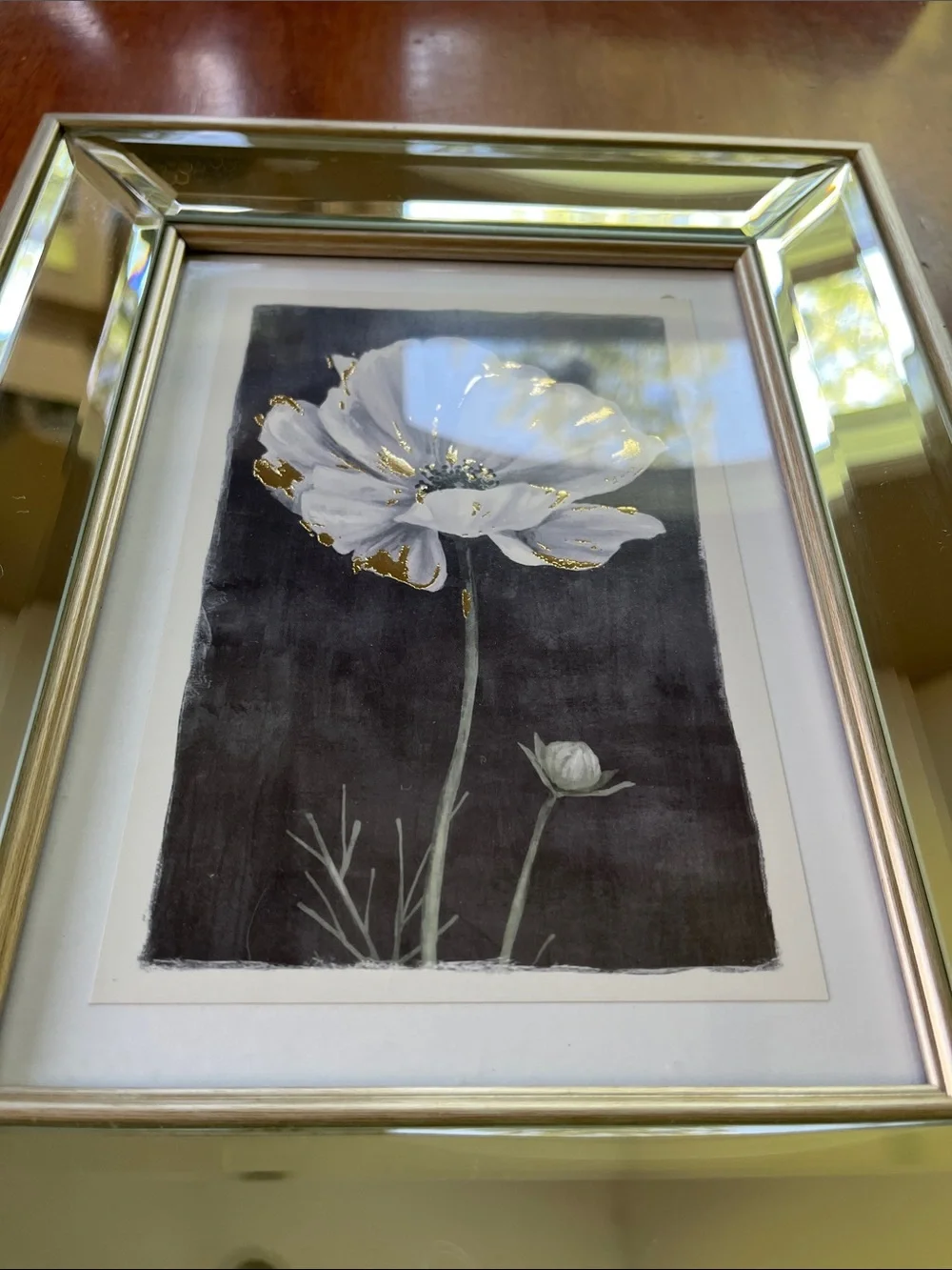 Set of 3 mirrored picture frames white/gold floral prints on black background